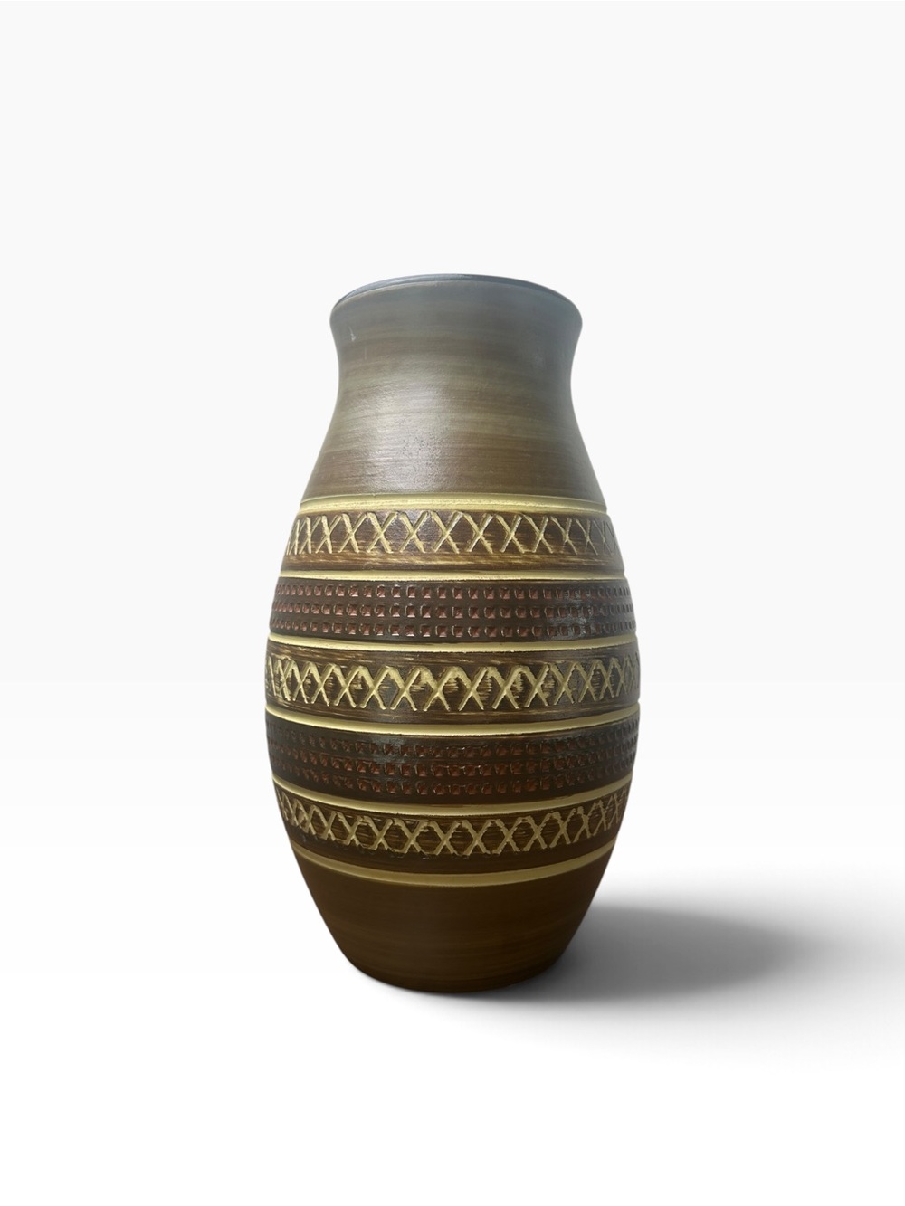 Vintage German Pottery Vase Brown Cream Geometric 113/20 – 8”